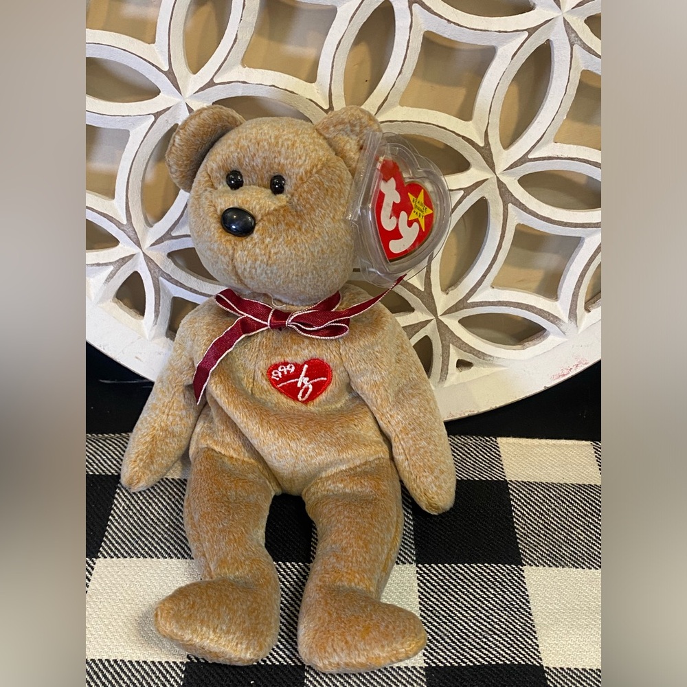 Ty 1999 Signature‎ Tan Bear with Red Ribbon